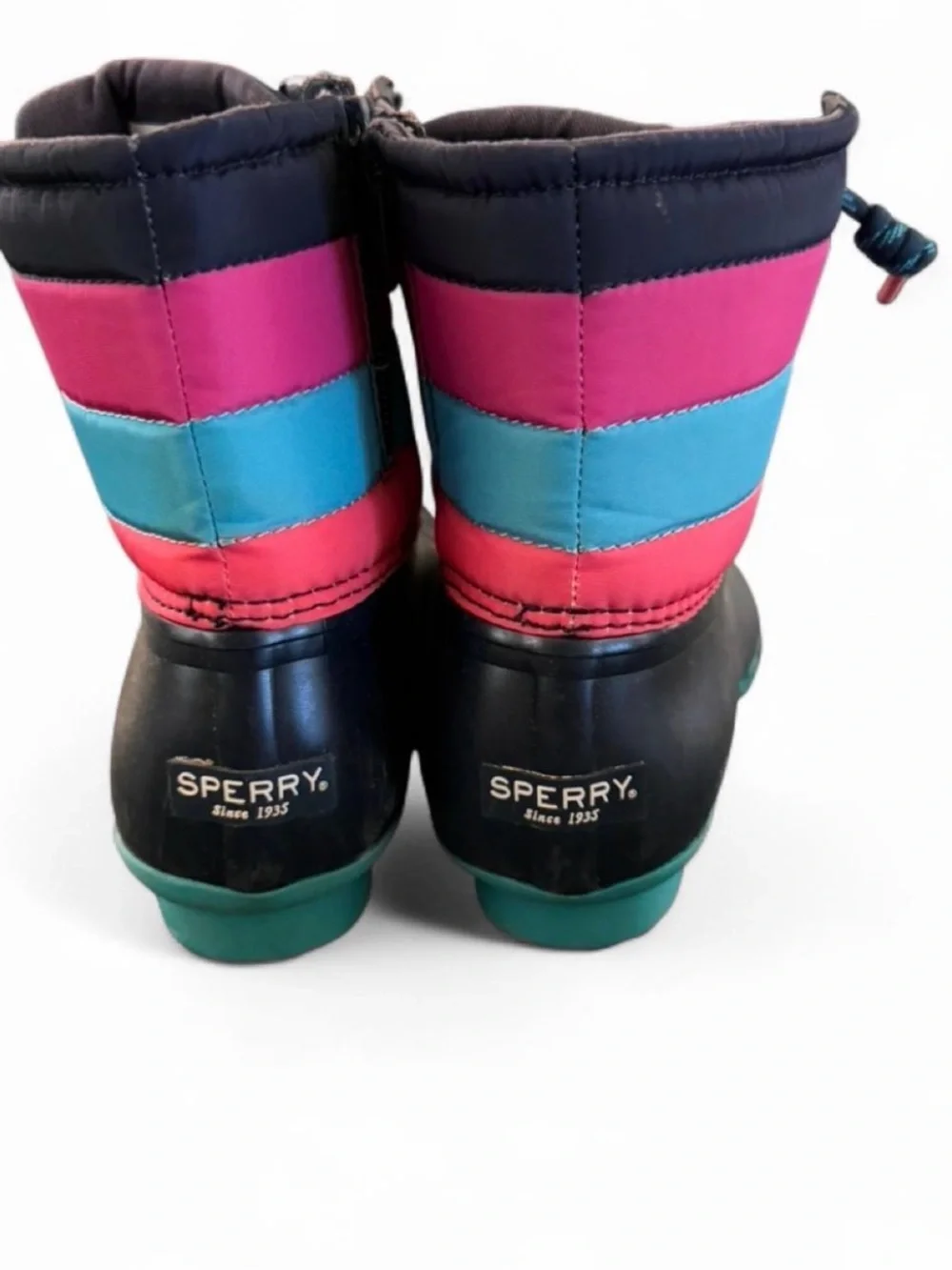 Sperry Kids Black Duck Boots with Teal and Pink Accents